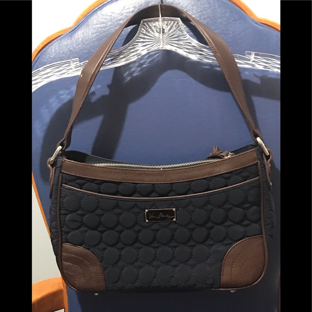 Vera Bradley Wildwood Park navy quilted microfiber with brown leather trim bag